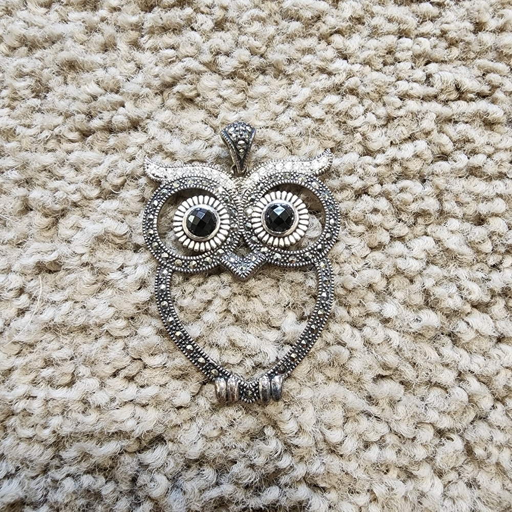 Lavish By TJM 925 Stamped Sterling Silver Marcasite Owl Pendant